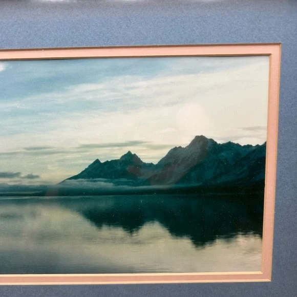 Vintage landscape water & mountains in wood and leather frame, western